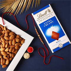 Rose Gold Pearl And Beads Rakhi with Lindt Bar and Almonds - Rakhi Chocolates to UAE