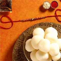 Rose Gold Pearl And Beads Rakhi with 1 Kg Rasgulla Tin Dubai - Rakhi Sweets to UAE