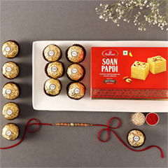 Rose Gold Pearl And Beads Rakhi with 250 Grams Soan Papdi and 6 Ferrero Rocher - Rakhi Chocolates to UAE