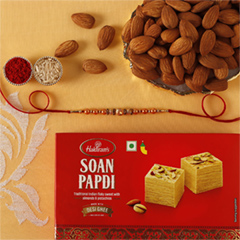 Rose Gold Pearl And Beads Rakhi with 250 Grams Soan Papdi and Almonds - Rakhi Hampers to UAE