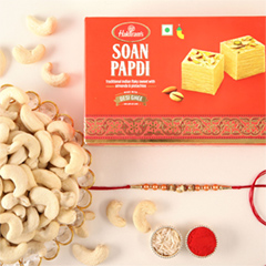 Rose Gold Pearl And Beads Rakhi with 250 Grams Soan Papdi and Cashew - Rakhi Hampers to UAE