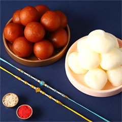 Sneh Vibrant Set Of 2 Pearl Rakhis with 1 Kg Gulab jamun Tin and Rasgulla Tin - Rakhi Sets to UAE