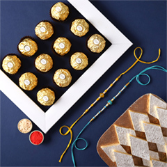 Sneh Vibrant Set Of 2 Pearl Rakhis with 250 Grams kaju katli and 16 Pcs Rocher - Rakhi Chocolates to UAE