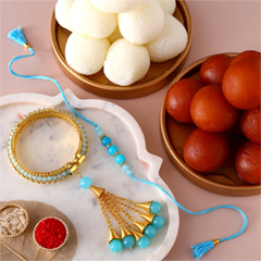 Sneh Blue Bangle Style Rakhi Set with Gulab Jamun and Rasgulla Tin - Rakhi Sweets to UAE