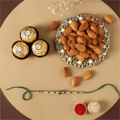 Sneh Fancy Green Rakhi with 3 Pcs Ferrero Rocher and Almonds - Rakhi Chocolates to UAE