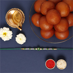 Sneh Fancy Green Rakhi with 1 Kg Gulab Jamun Tin - Rakhi Cards to UAE