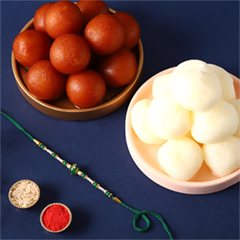 Sneh Fancy Green Rakhi with 1 Kg Rasgulla and 1 Kg Gulab Jamun Tin - Rakhi Sweets to UAE