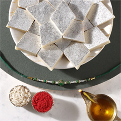 Sneh Fancy Green Rakhi with 500 Grams Kaju Katli - Rakhi Cards to UAE