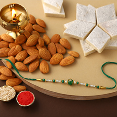 Sneh Fancy Green Rakhi with 250 Grams Kaju Katli and Almonds - Rakhi Thali to UAE
