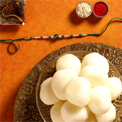 Sneh Fancy Green Rakhi with 1 Kg Rasgulla Tin - Rakhi Sweets to UAE