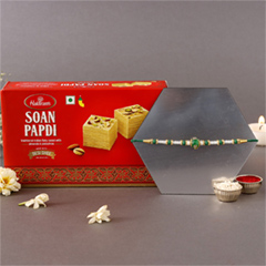 Sneh Fancy Green Rakhi with 250 grams Soan Papdi - Rakhi Sweets to UAE