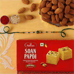 Sneh Fancy Green Rakhi with 250 grams Soan Papdi and Almonds - Rakhi Sweets to UAE