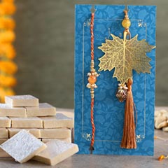 Maple Leaf Modern Lumba Rakhi Set With Kaju Katli - Rakhi Cards to UAE