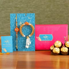 Orange Pearl And Lumba Rakhi Set With 3 Pcs Ferrero Rocher - Rakhi Cards to UAE