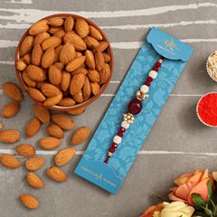 Red Beads Pearl Designer Rakhi And Healthy Almonds - Rakhi Dry Fruits to UAE