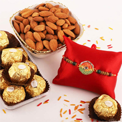 Dual Color Rakhi, Almond, 12pc Ferrero Rocher - Rakhi and Dry Fruits to USA