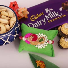 Traditional Rakhi with 3pc Ferrero, Cashew, Cadbury - Rakhi Hampers to USA