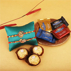 Ghirardelli Ferrero Peacock Rakhi Set - Rakhi and Chocolates to USA