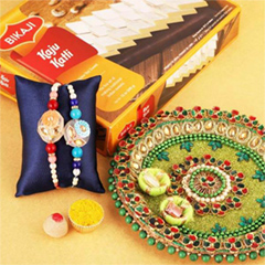 Sequins Rakhi Pair and Thali with Kaju Katli - Thali Hampers to USA