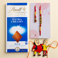 Metallic Finish Bhaiya Bhabhi & Motu Patlu Kids Set Of 3 Rakhis With Lindt Chocolatee - Bhaiya Bhabhi Rakhi to Australia