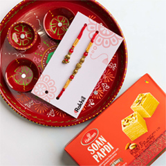Bhaiya Bhabhi Set Of 2 Rakhis With Soan Papdi & Ganesha Thali - Bhaiya Bhabhi Rakhi to Australia
