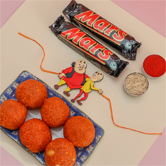 Motu Patlu Rakhi With Mars & Motichoor Laddoo - Rakhi Chocolates to Australia