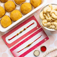 Rudraksh Set of 2 Rakhis With Besan Laddoo & Cashews - Rakhi Sets to Australia