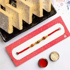 Rudraksh Antique Rakhi With Kaju Katli - Rakhi Sweets to Australia