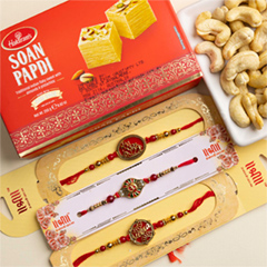 Veera, Om & Ganesha Set Of 3 Rakhis With Soan Papdi & Dryfruits - Rakhi Sets to Australia