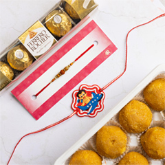 Rudraksh & Kids Set of 2 Rakhis With Besan Laddoo & Ferrero Rocher - Rakhi Sets to Australia