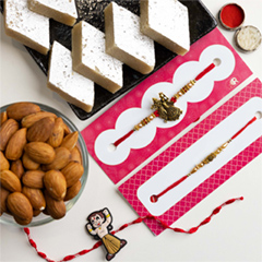 Pearl, Radha Krishna & Chota Bheem Set of 3 Rakhis With Kaju Katli & Almonds - Rakhi Sets to Australia