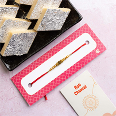 Golden Rakhi With Kaju Katli - Rakhi Cards to Australia
