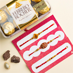 Set of 3 Om, Bhai & Bead Rakhis With Ferrero Rocher - Rakhi Chocolates to Australia