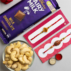 Om & Bhai Set of 2 Rakhis With Dairy Milk & Cashews - Rakhi Sets to Australia