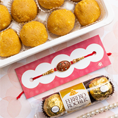 Bhai Rakhi With Besan Laddoo & Ferrero Rocher - Rakhi Sweets to Australia